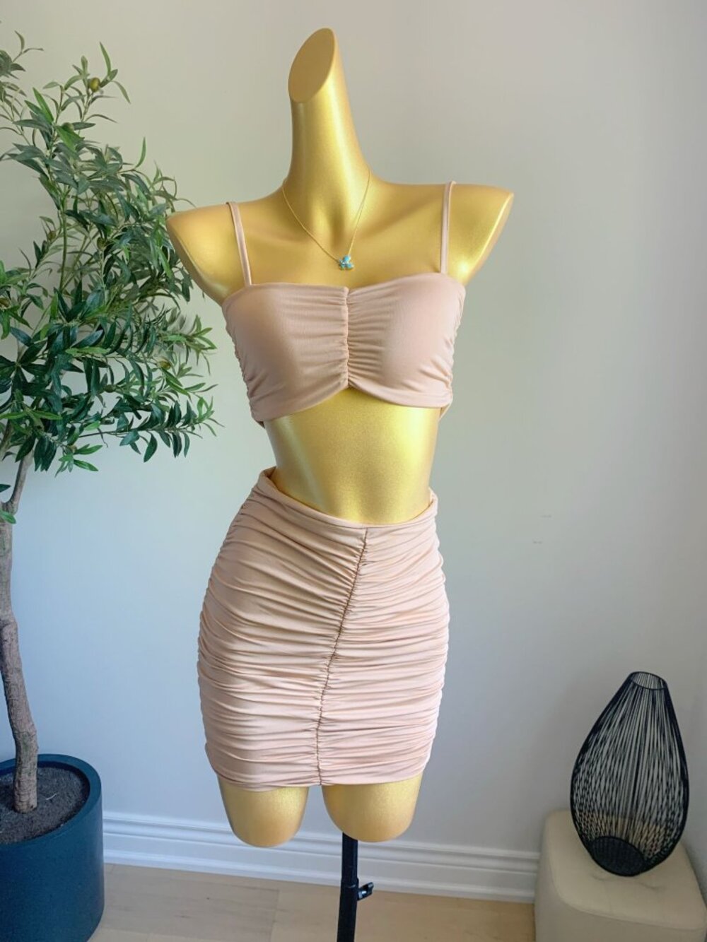 Nude Ruched Bodycon Bandeau Mini Skirt Set Small